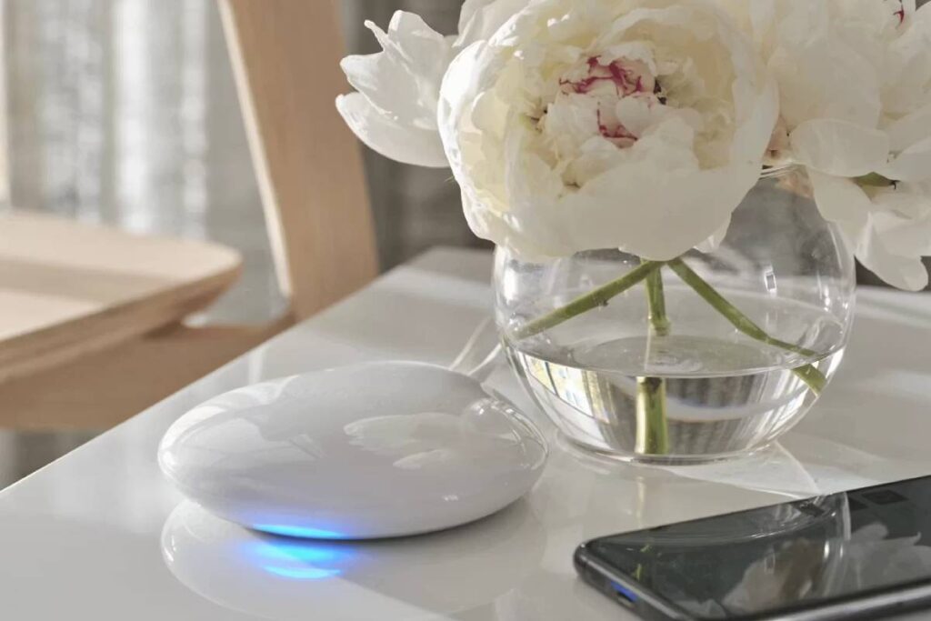Hunter Douglas PowerView® Gateway on a table with flowers and a cell phone
