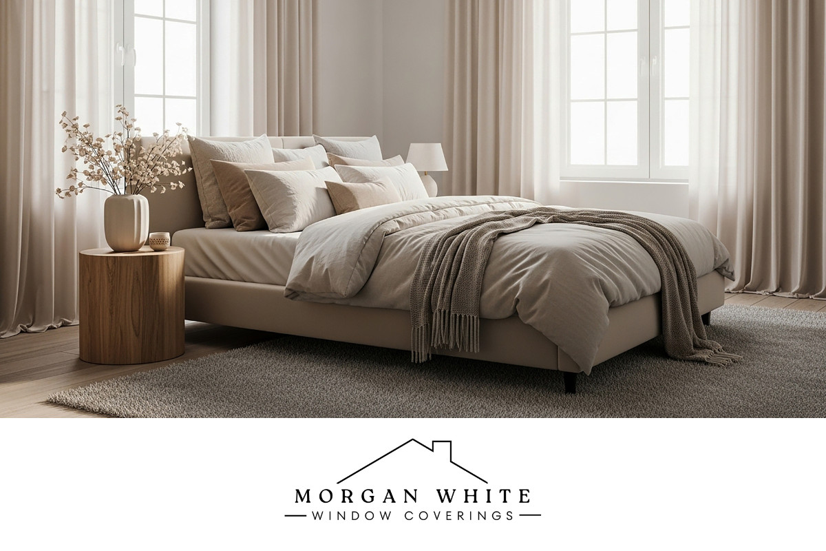 A cozy neutral bedroom with custom window drapes.