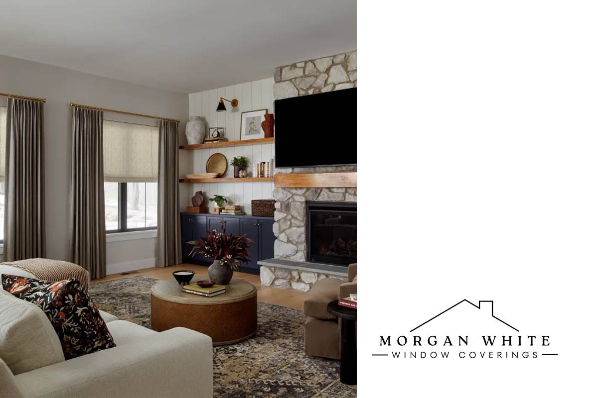 A living room with Roman Shades by Graber near Benicia, CA