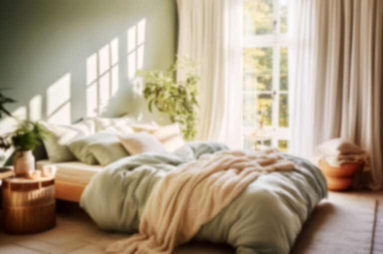 A softly blurred image of custom draperies in a bedroom near Saratoga, CA.