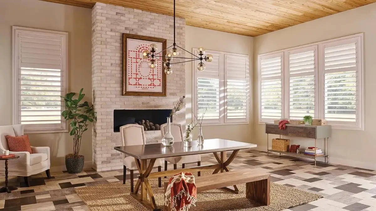 White faux wood shutters in a contemporary space near Saratoga, CA.