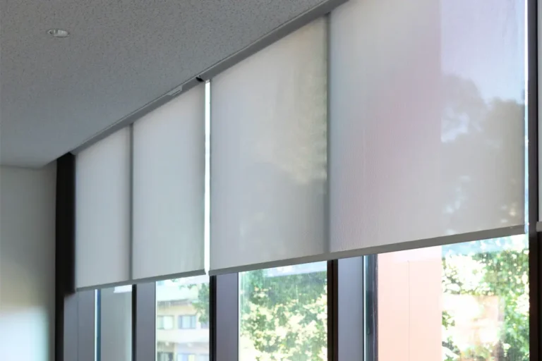 Solar shades in a large class window near Saratoga, California